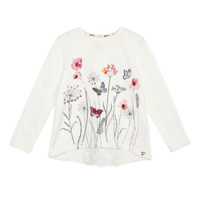 Girls' natural sequin flower print long sleeve top